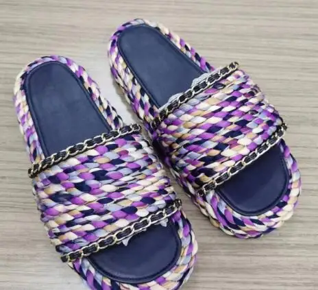 Carpaton Summer Newest Rope Braided Flat Slippers Women Open Toe Chains Decorations Slides Beach Wearings Shoes