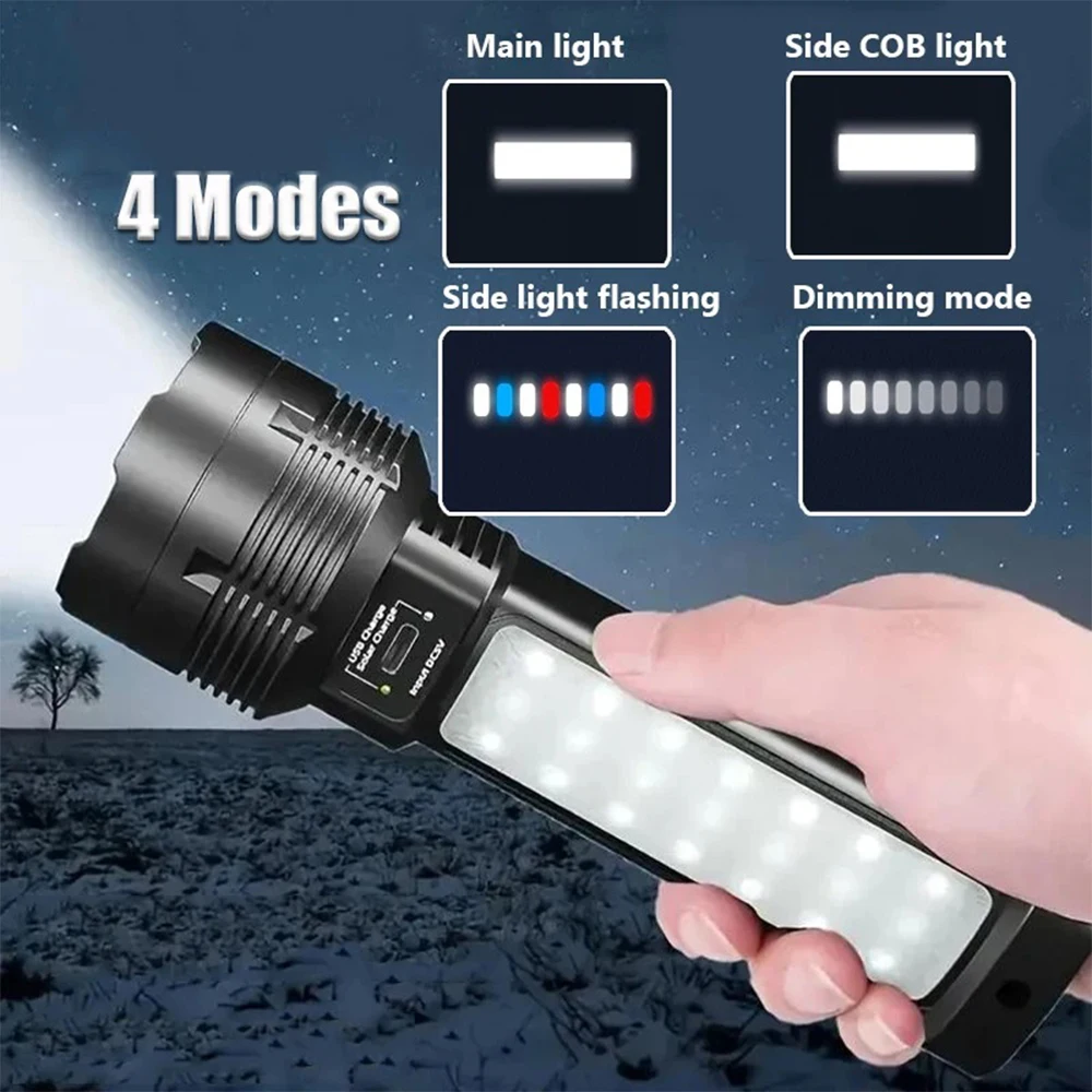 Powerful LED Flashlight With COB Side Light Lantern USB Rechargeable Solar Powered Handheld Torch For Outdoor Camping Fishing