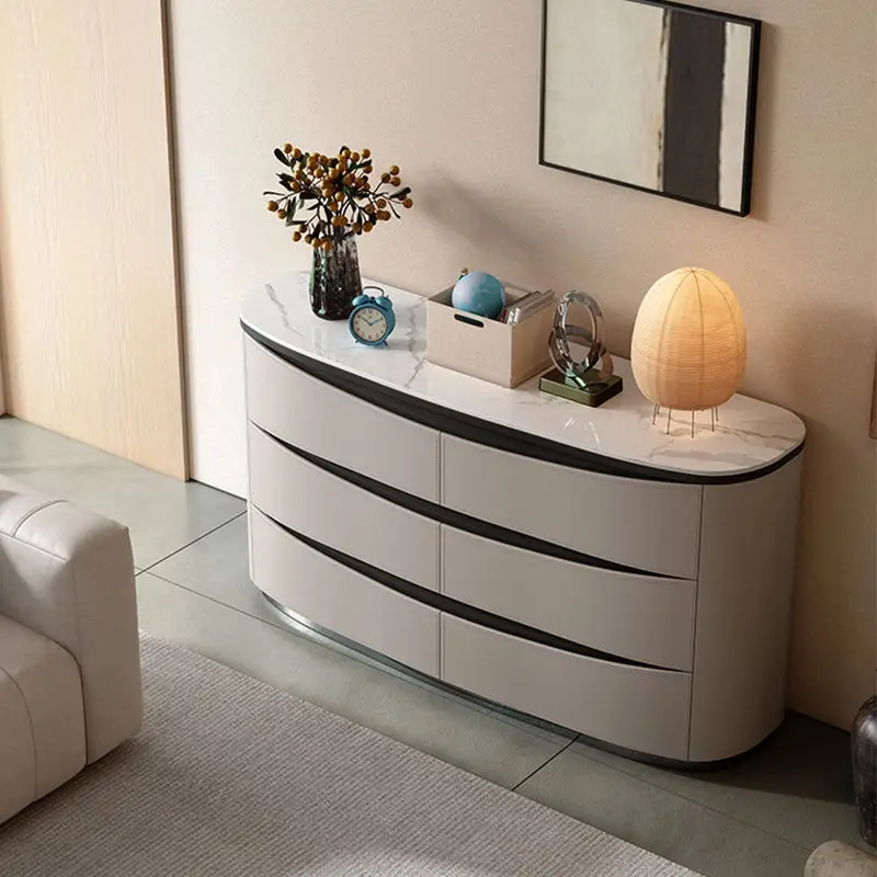 

Italian saddle leather dining side cabinet, light luxury, solid wood, living room, entrance