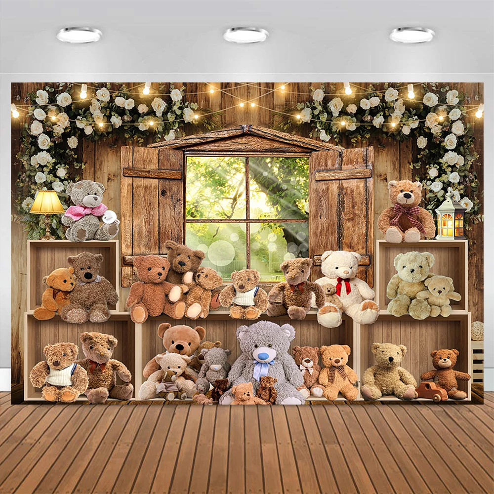 Moclicka mainan bayi beruang, Kit Studio potret anak latar belakang dekorasi rumah kayu latar belakang musim semi hijau