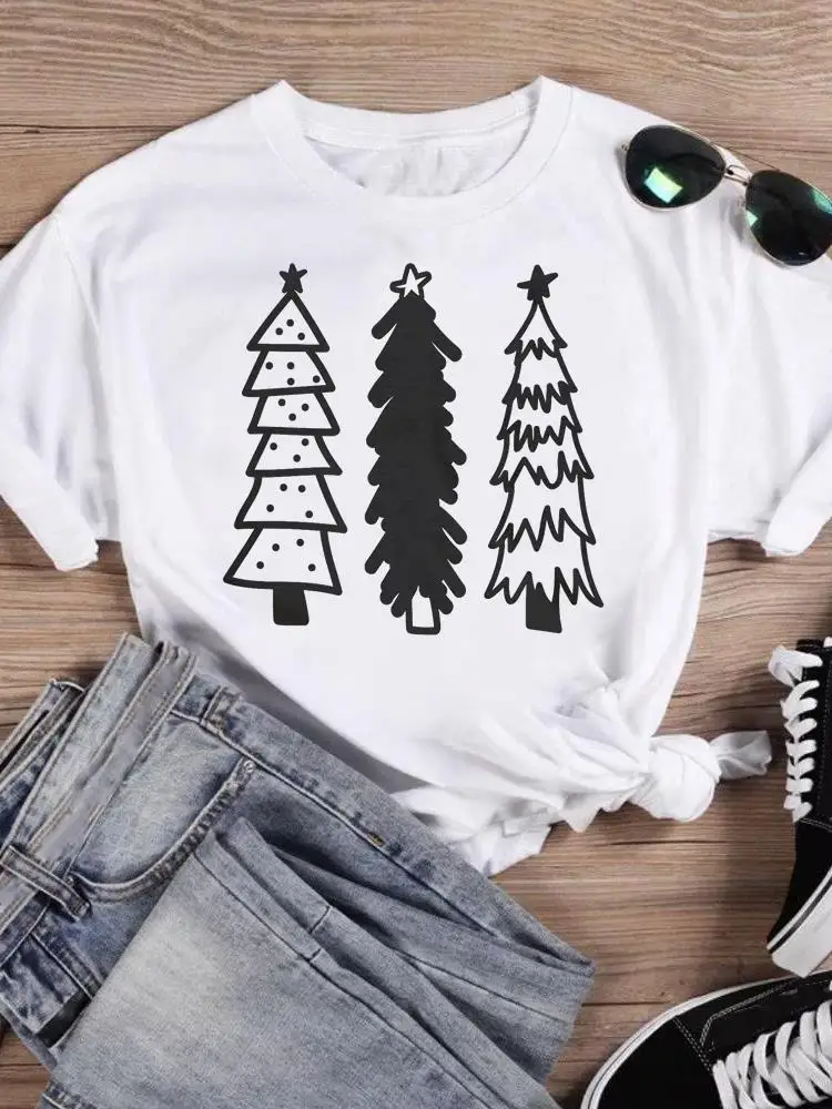 

Print T Top Women Holiday Clothing Merry Christmas Fashion Tree Watercolor Lovely 90s Female Shirt Graphic Tee New Year T-shirts