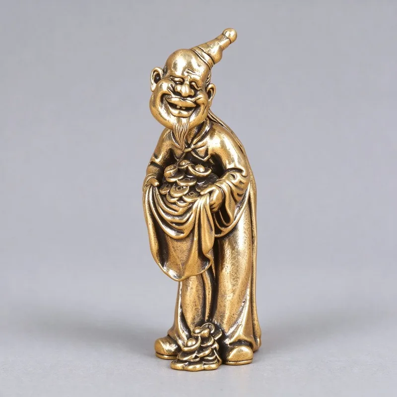 Brass Fortune Old Man Figurine Retro Wealth Elder Statue Holding Coin Desktop Ornament Vintage Craft Collectible Table Decor Gif