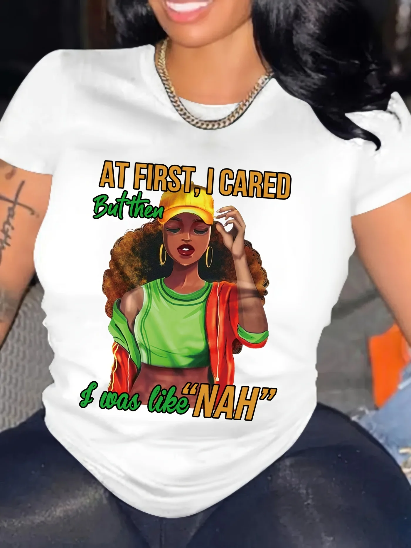 

Women's "At First I Care But Then I Was Like Nah" Graphic T-Shirt - White Casual Short Sleeve Top