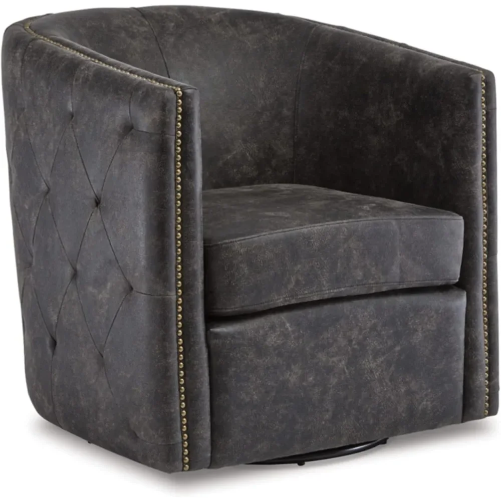 Tufted Barrel Accent Swivel Chair, Distressed Black