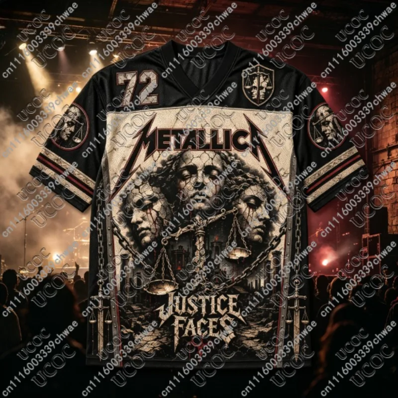 Neues Metallica Rock Band Justice Faces Grafik-Mesh-Trikot, Y2K Oversized Kurzarm-T-Shirt, Vintage Heavy Metal Tops für Männer und Frauen – Detail 4