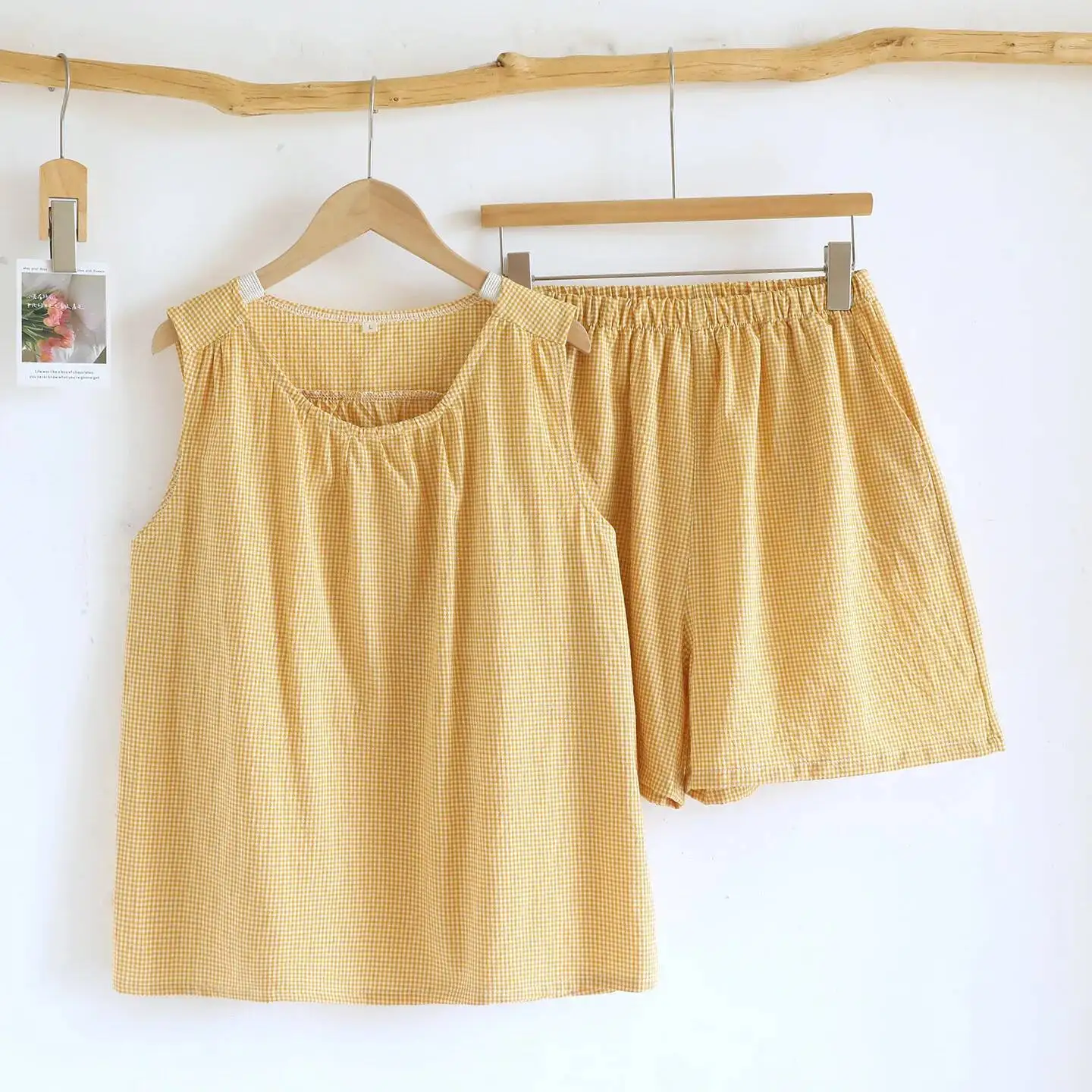 

Cotton Small Plaid Design Sleepwear Clothes For Women's Summer Thin Sleeveless Vest Style Tops With Shorts 2 Pcs Pjamas Set