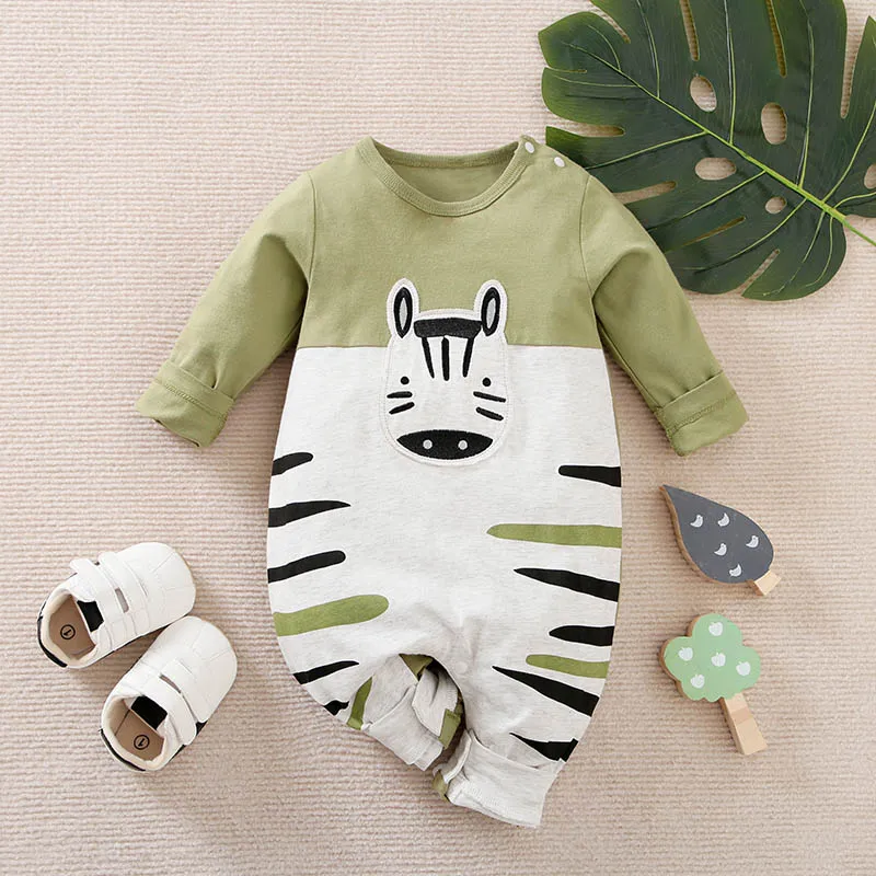 Spring and Autumn Long sleeved Newborn Bodysuit Cute Zebra Embroidered Boys and Girls Bodysuit Comfortable Pure Cotton