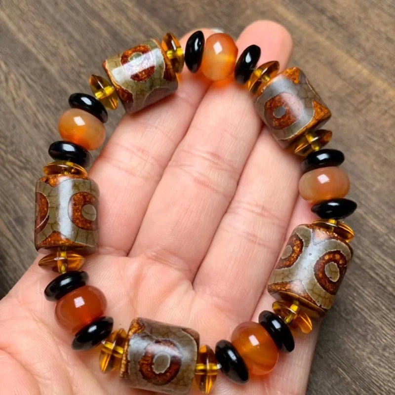 Tibetan Agate Three-eye Dzi Bead Bracelet, Barrel Bead Retro Ethnic Style Chalcedony Dzi Bead Bracelet Jewelry