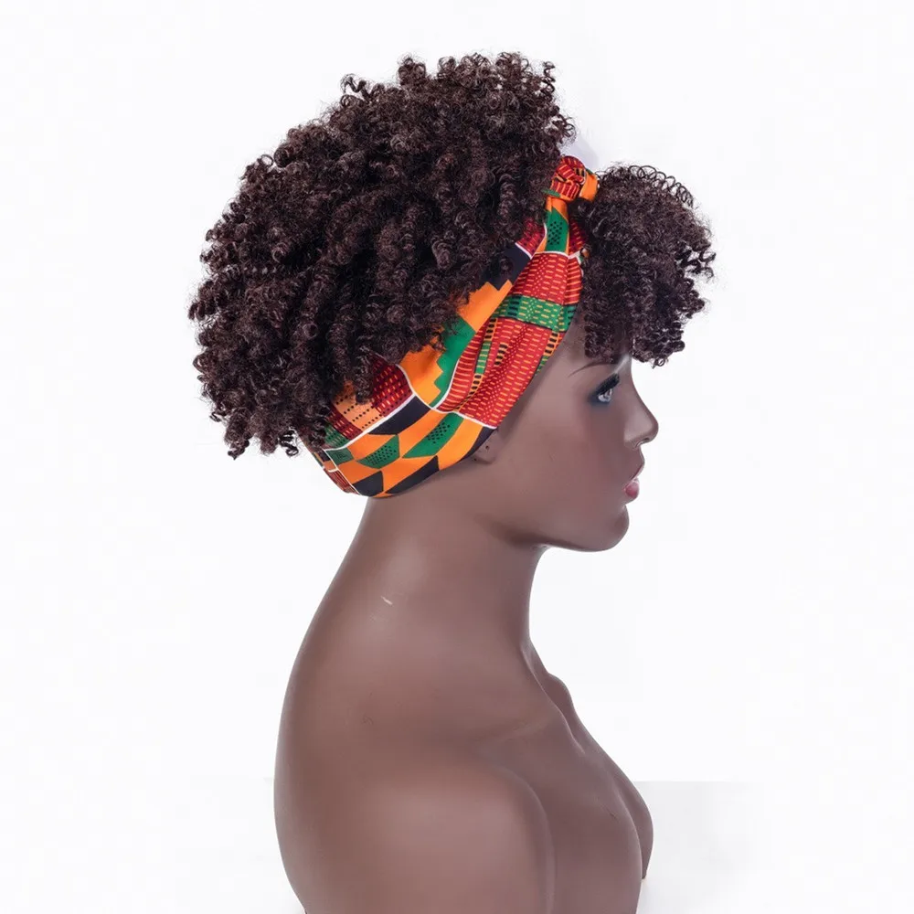 Perucas curtas e encaracoladas para mulheres negras, sintéticas com cachecol, cabelo afro natural encaracolado, uso diário, cosplay de festa