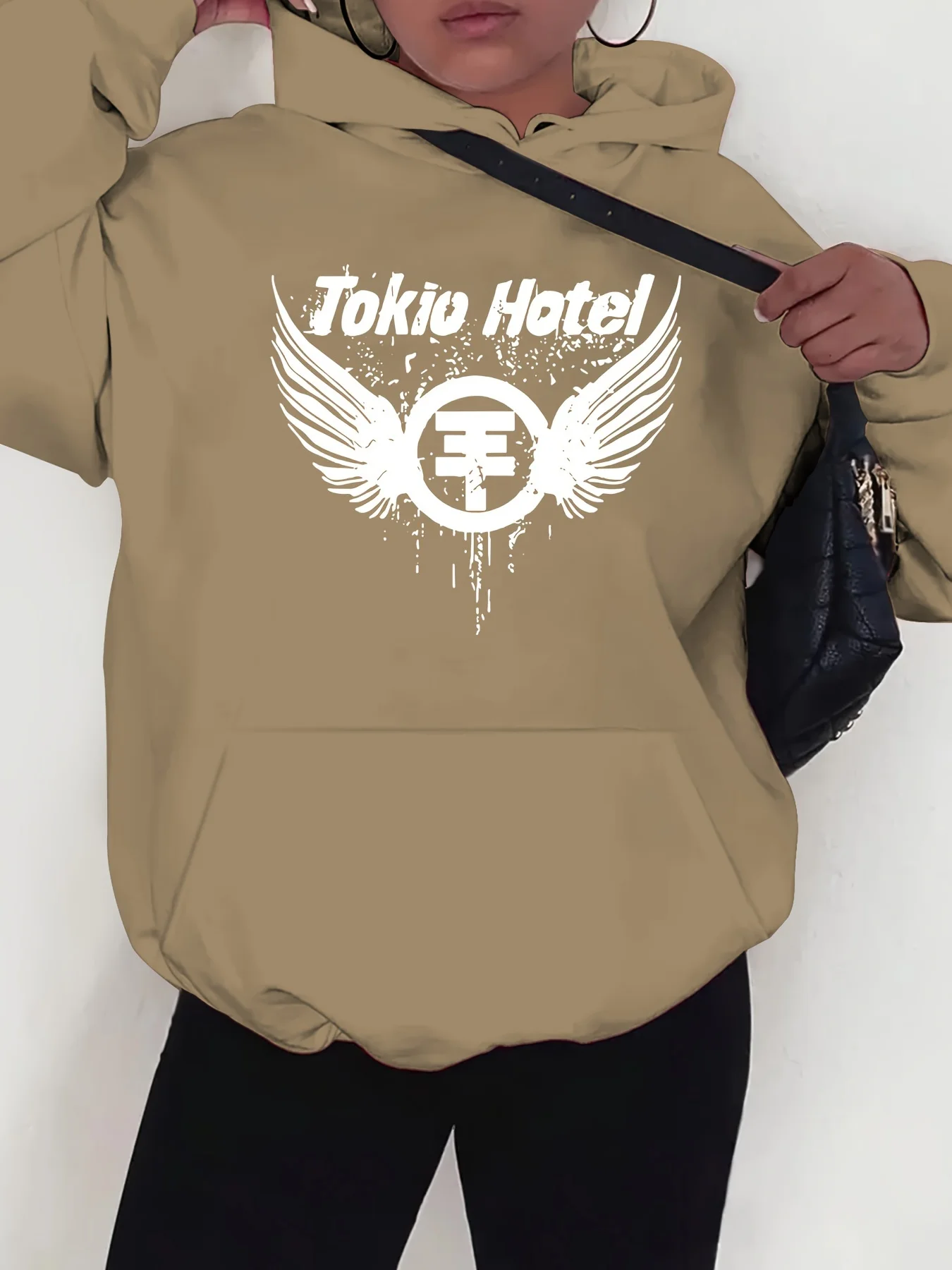 Tokio Hotel-Sweat à capuche à imprimé graphique pour femme, 100% polyester, tissu tricoté, pull décontracté avec cordon de serrage de proximité