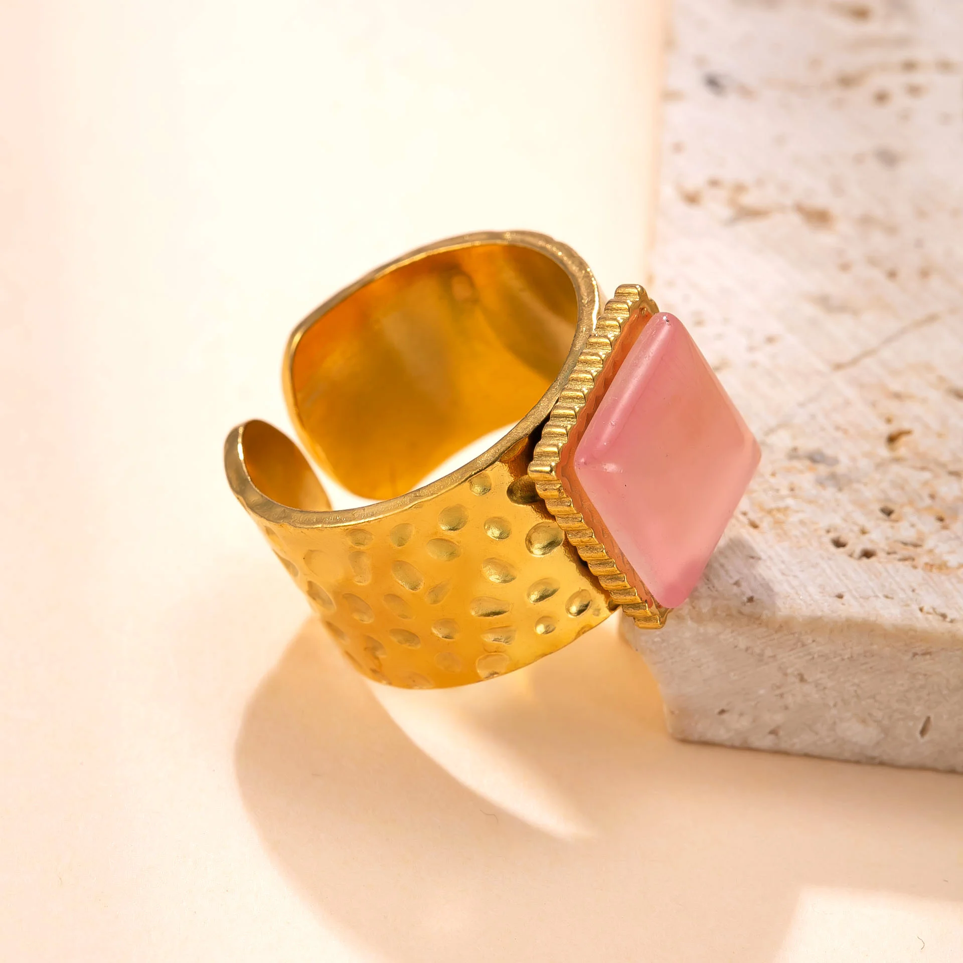 Fashion Natural Stone Stainless Steel Square Thin Chic Ring Women 18K PVD Plated Waterproof Jewelry Accessories Gift