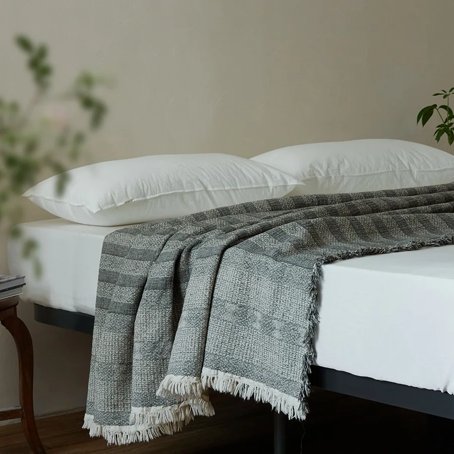 Vintage Cotton Linen Blend Throw Blanket 245x250cm- Jacquard Fringe Decorative Couch Cover Sofa Bedspread Foot of Bed Blanket