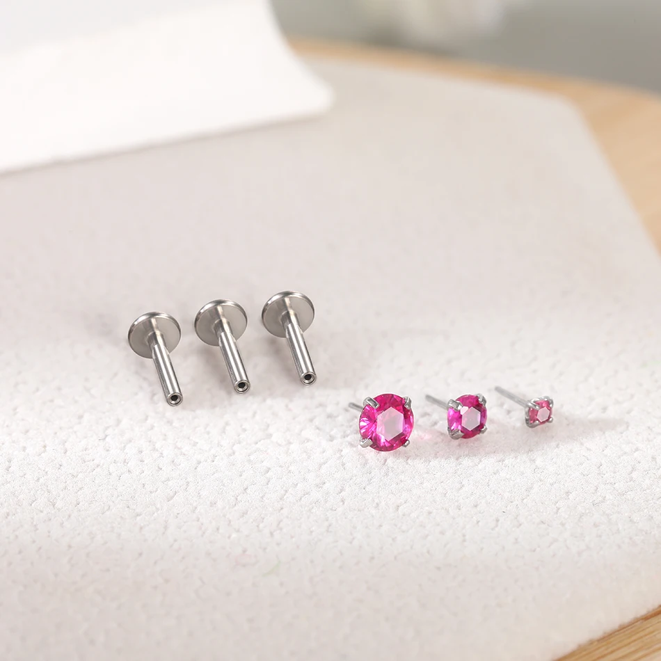 1PCS Titanium Push-in Labret Piercings with 1.5/2/2.5/3/4/5mm Pink Zircon Threadless Stud Earrings Tragus Helix Piercing Jewelry
