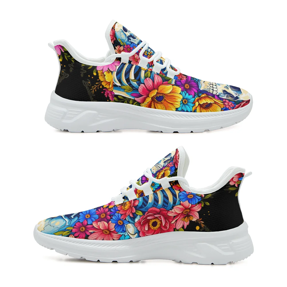 

Skull and flower print casual sneakers, stylish mesh shoes, breathable and lightweight men's and women's athletic shoes
