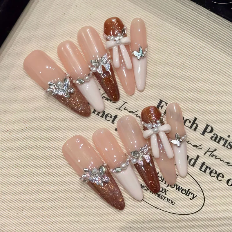 

10pcs Luxury French Almond Shape Long Fake Nails Brown & White Glitter with Rhinestone Accents Premium Glossy Finish False Nails