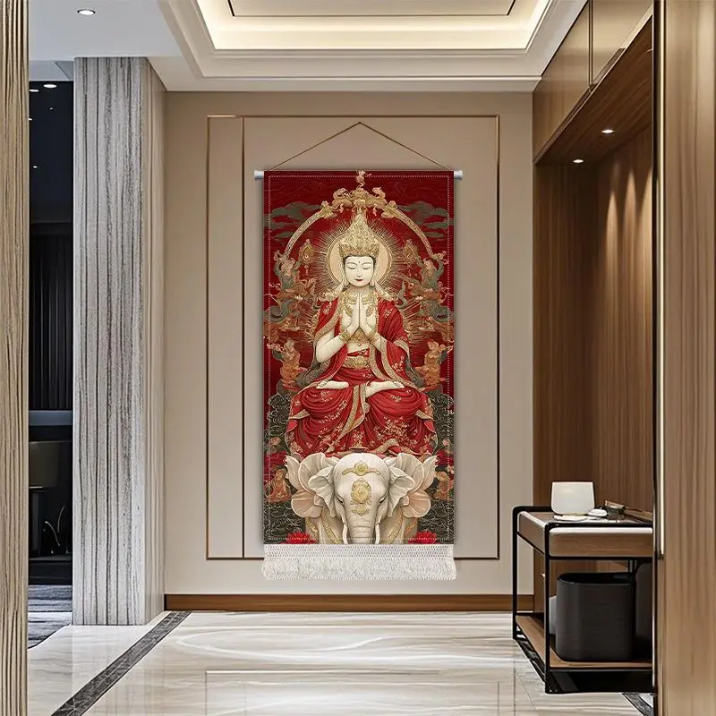 VIKAMA Red Gold Buddhist Bodhisattva Tassel Tapestry Elephant Throne Oriental Meditation For Yoga Altar Home Wall Decor