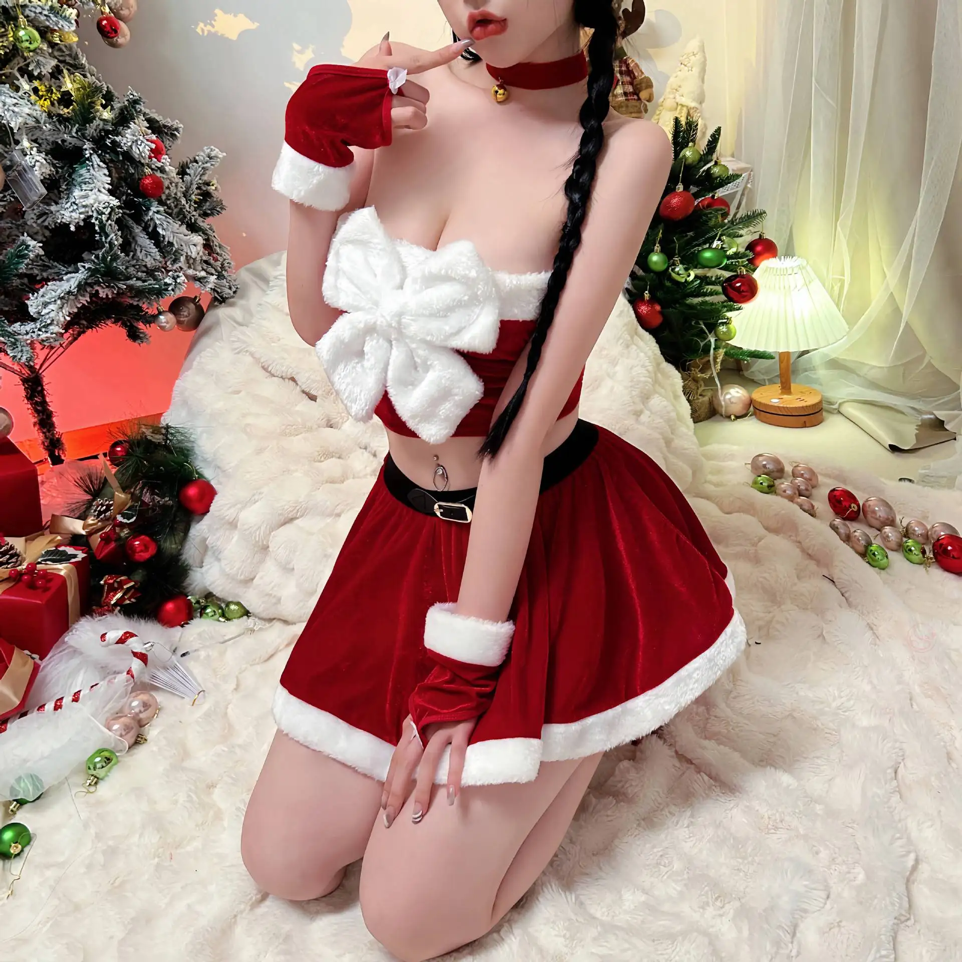

Christmas Plush Big Bow Velvet Dress Christmas Santa Claus Sexy Uniform Role Play Costume Cute Sweet New Year Nightdress Set