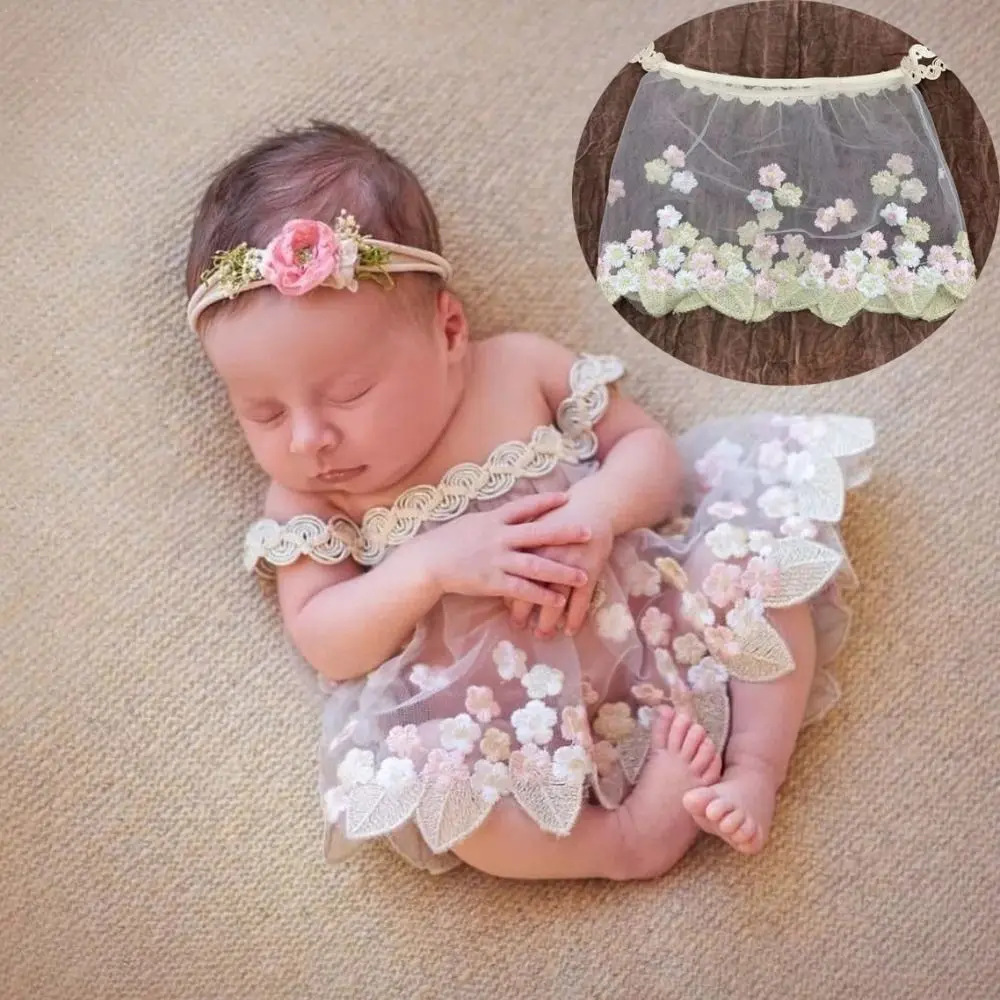 

Newborn Photography Props Baby Lace Dress Flower Embroidery Perspective Dress Newborn Lace Bodysuit Soft Net Yarn