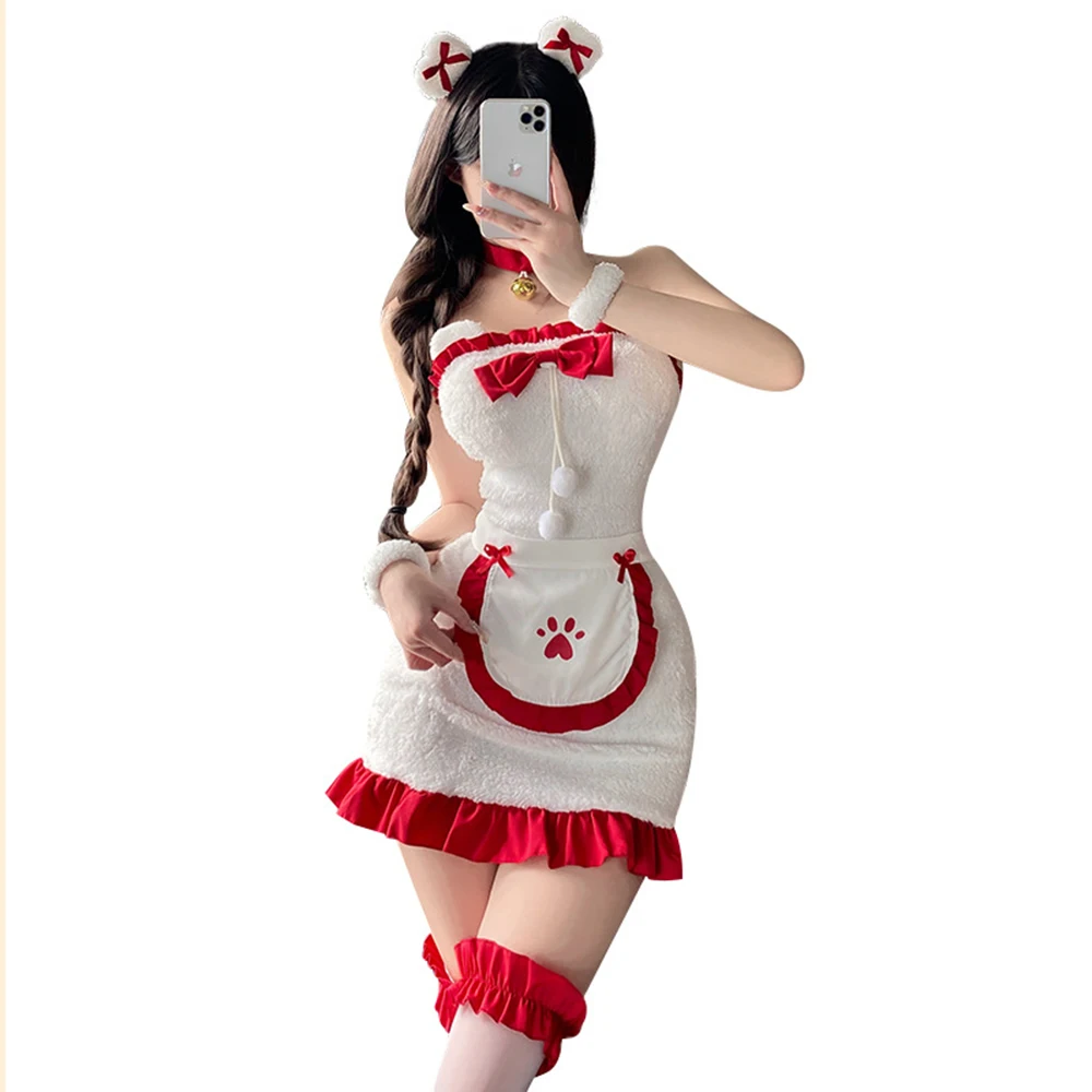 

Sexy Fur Lingerie Christmas Cute Maid Dress Uniform Plush Faux Fur Sweet Lolita Dress Kawaii Girl Maid Cosplay Bunny Costumes