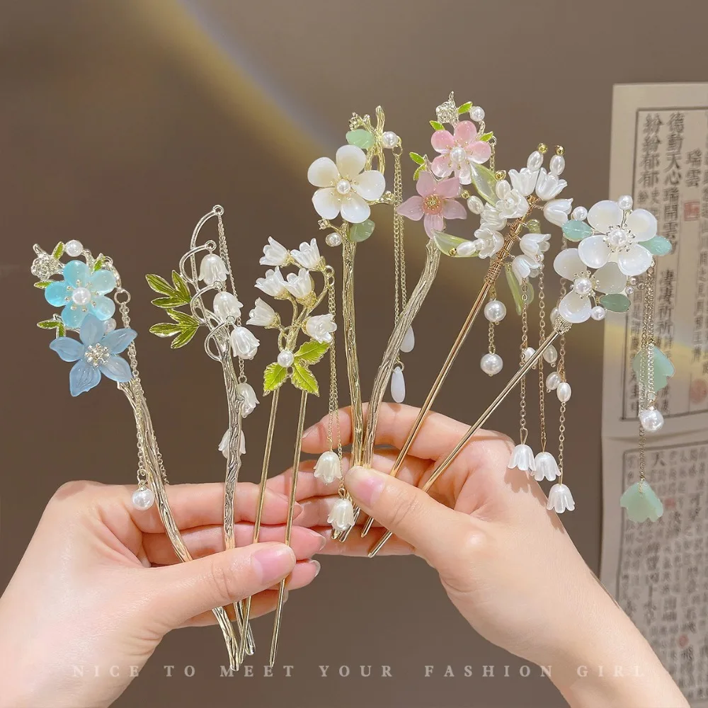 1pc Chinese Ancient Style Hair Accessories Flower Lily Of The Valley Tassel Hairpins Costume Hanfu Hair Stick For Women Men Gift