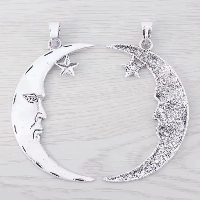 2 x Antique Silver Color Large Crescent Moon with Star Charms Pendants for Necklace Jewelry Making FIndings Accessories 84x22mm