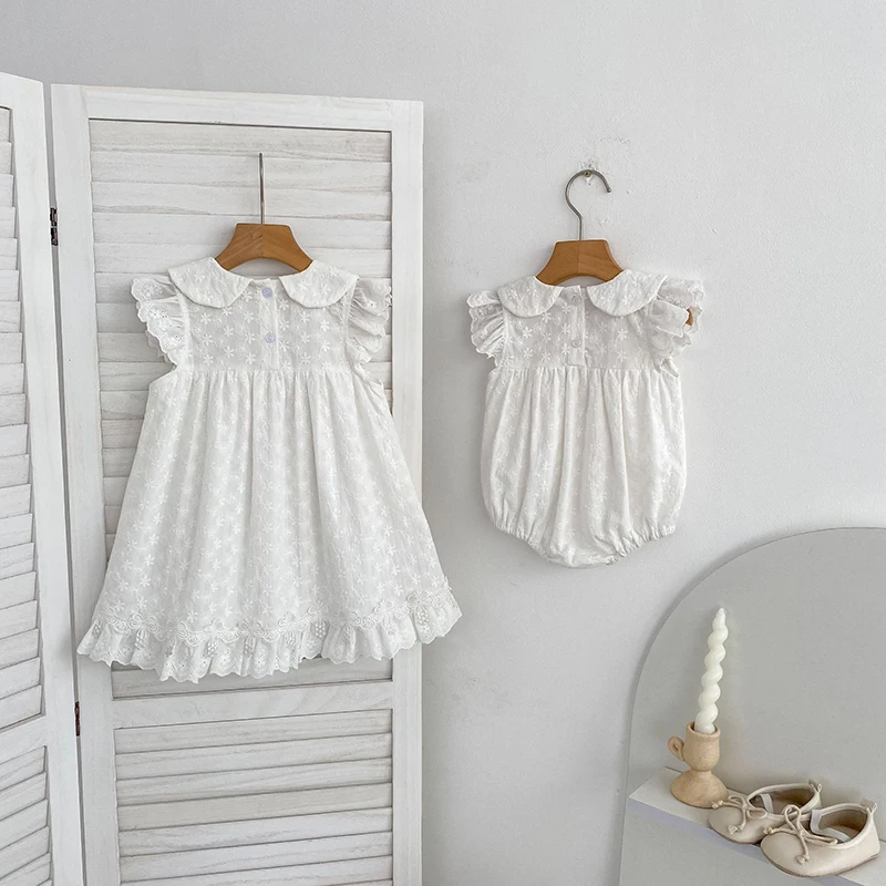 2026 Neuer Sommer 0-24M Baby Mädchen Kurzarm Baumwolle Weißer Strampler 2-6 Jahre Kinder Prinzessin Süßes Stickerei-Kleid Schwesterkleid – Detail 30