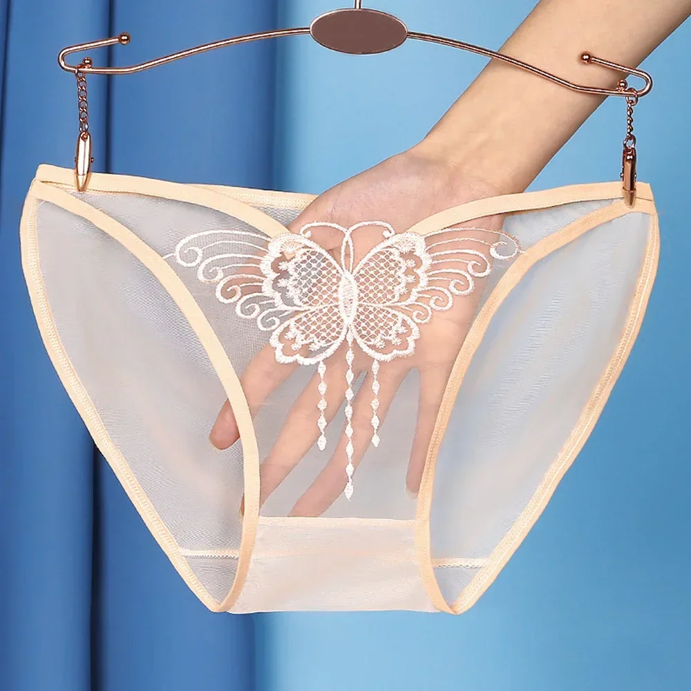 Culotte sexy transparente avec broderie papillon pour femme, sous-vêtement respirant ultra fin, lingerie