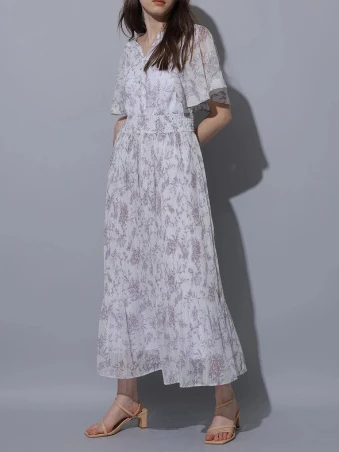 

Japan Style Elegant Pleated Slim Waist Women Vestidos 2024 Summer Flower Printed Butterfly Sleeve Dress Long Chiffon Dresses