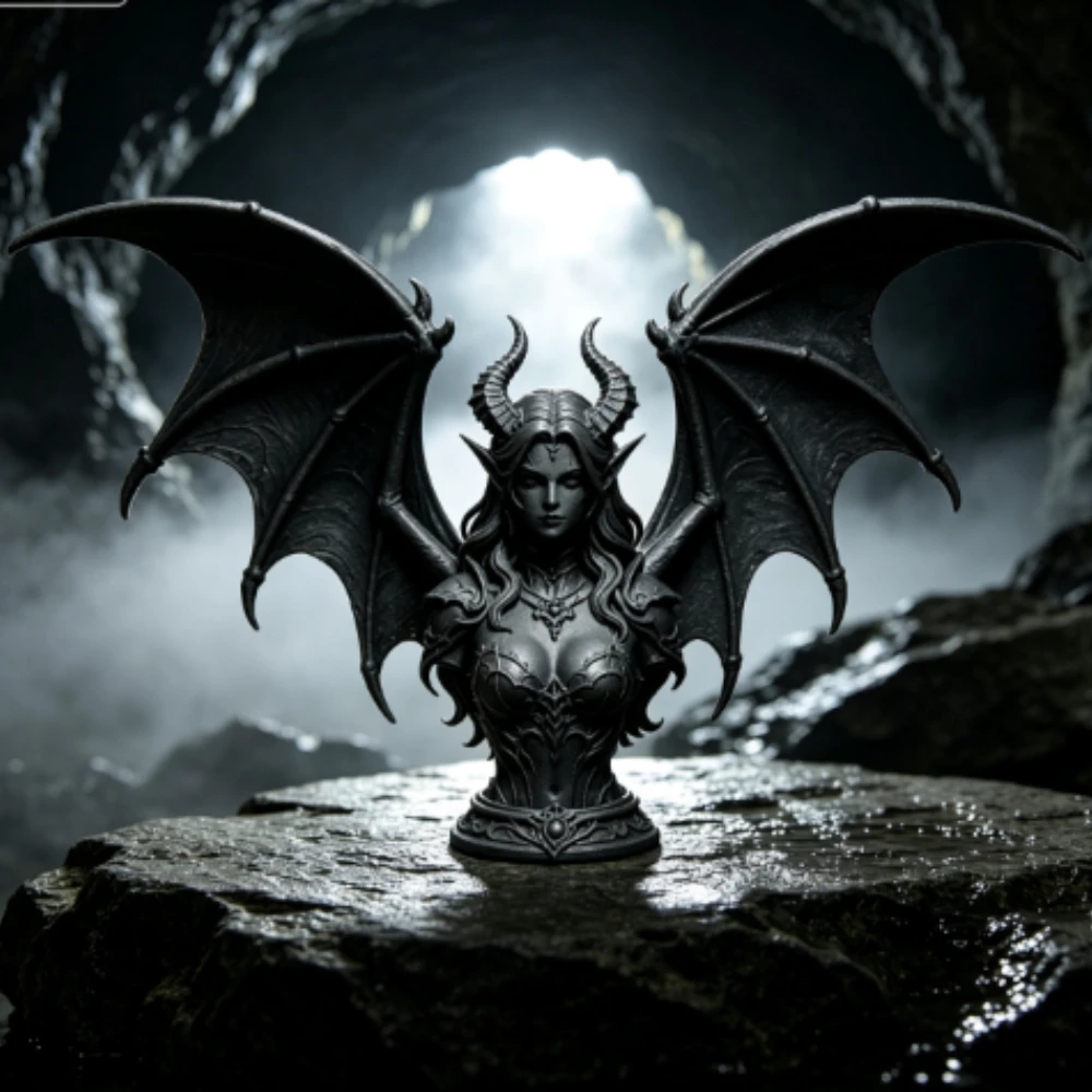 Gothic Demoness Bust Statue 3D‑Printed Dark Fantasy Devil Female Figurine Bat Wings   Half‑Body Sculpture Desktop Ornament Gifts