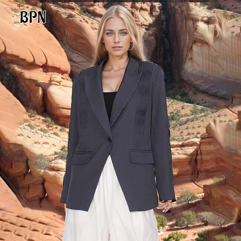 

BPN Casual Patchwork Folds Loose Blazers For Women Notched Collar Long Sleeve Spliced Button Minimalist Casual Blazer Female New