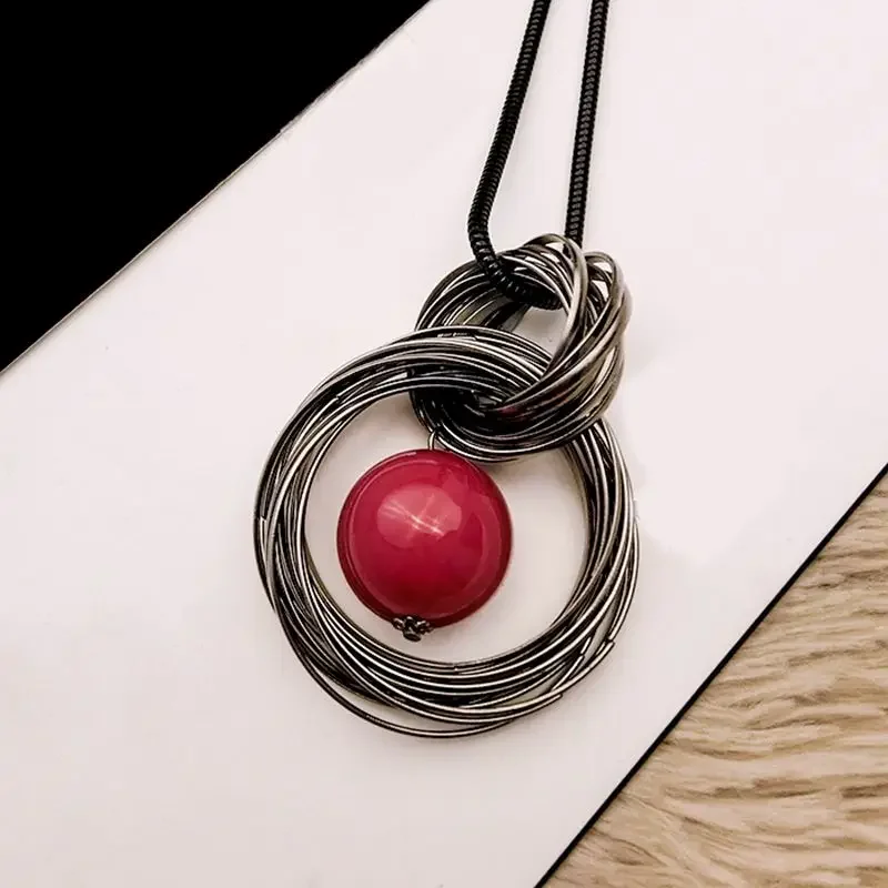 Ocean Red White Pearl Ball Pendant Long Circles Simulated Women Black Chain Necklace Fashion Jewelry Accessories