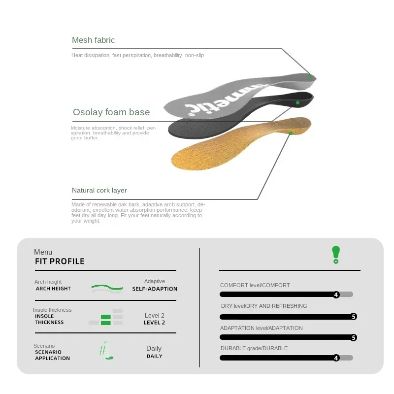 GENTHMETIC-Semelle intérieure en liège pour support d'arc long pour adulte, respirante, absorbant la sueur et les chocs, été