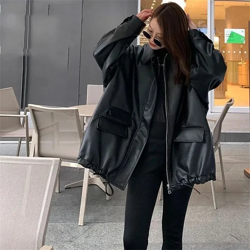 Spring Autumn Femme Solid Color Faux Leather Coat 2025 Women Long Sleeves Leather Jacket Korean Lady Fashion PU Leather Outwear