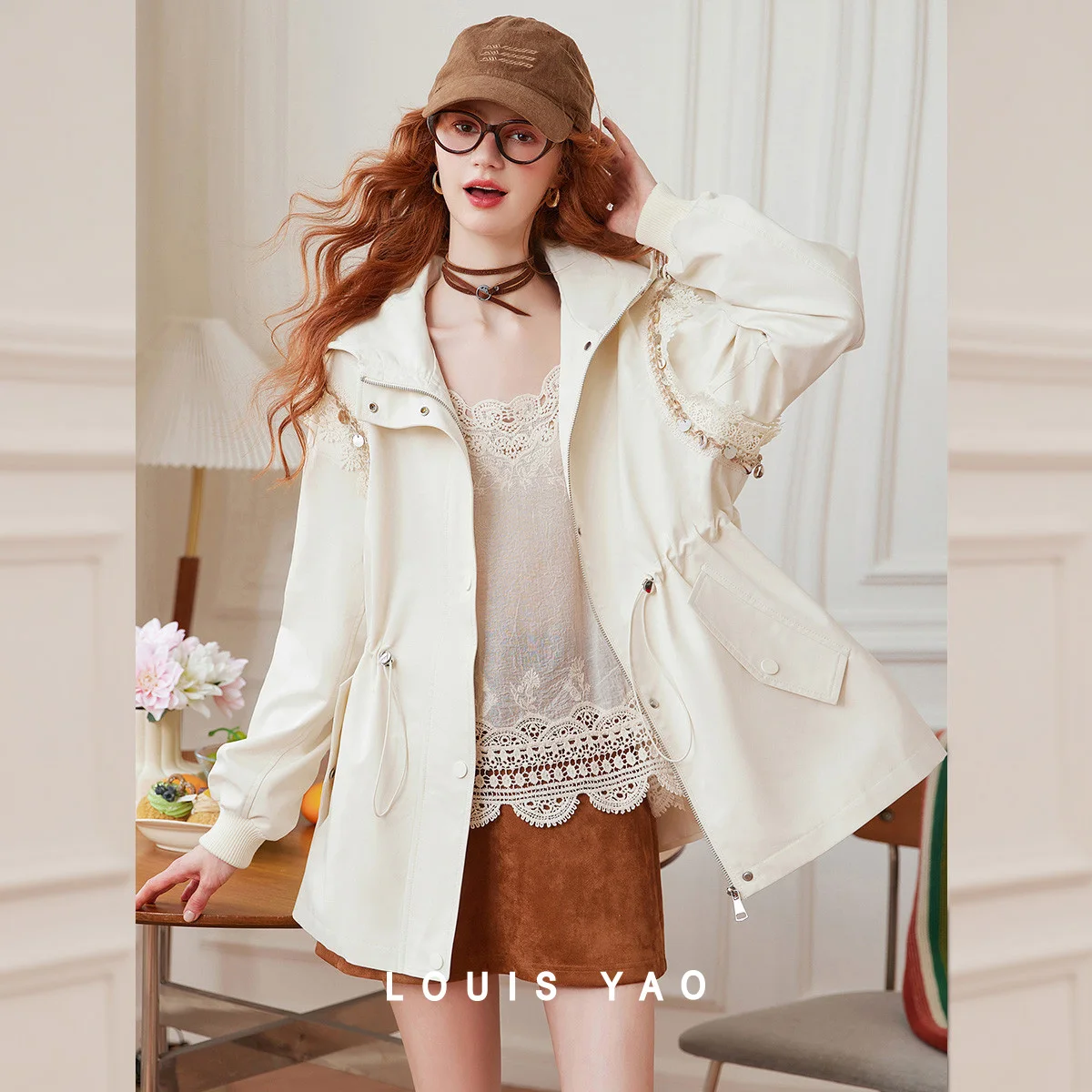 LOUIS YAO Women's Trench Coat 2025 Autumn Casual Solid Color Minimalist Cardigan Sophisticated Non-Stretch Hooded Coat