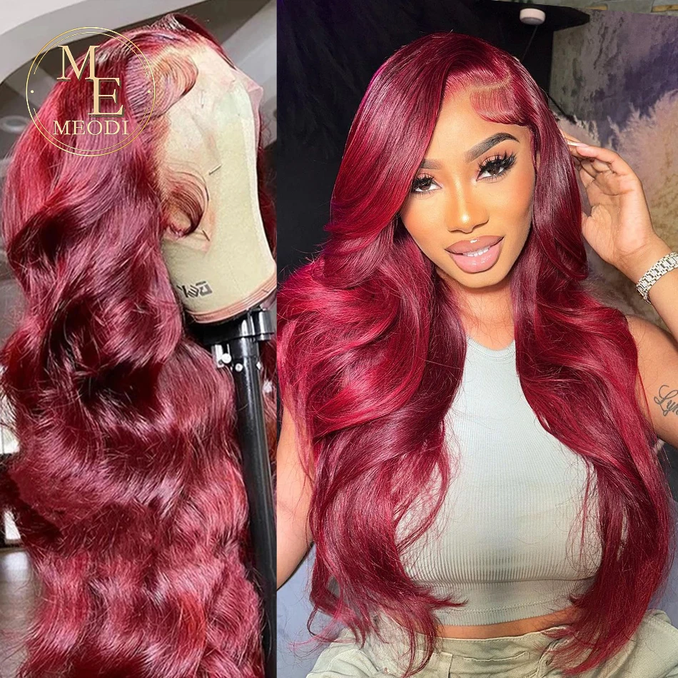 30-calowa 99j bordowa bezklejowa peruka z ludzkich włosów 13x6 Hd Lace Frontal Wig 13x4 Lace Colored Body Wave Wig For Women