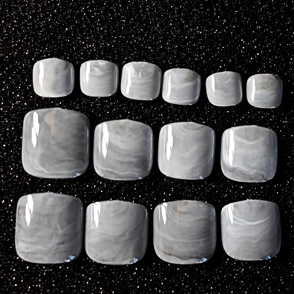 24pcs Grandma Gray Marble Toenails False Fake Artificial Pre Designed Acrylic  UV Toe Nails Tips For Foot Makeup Summer Decor