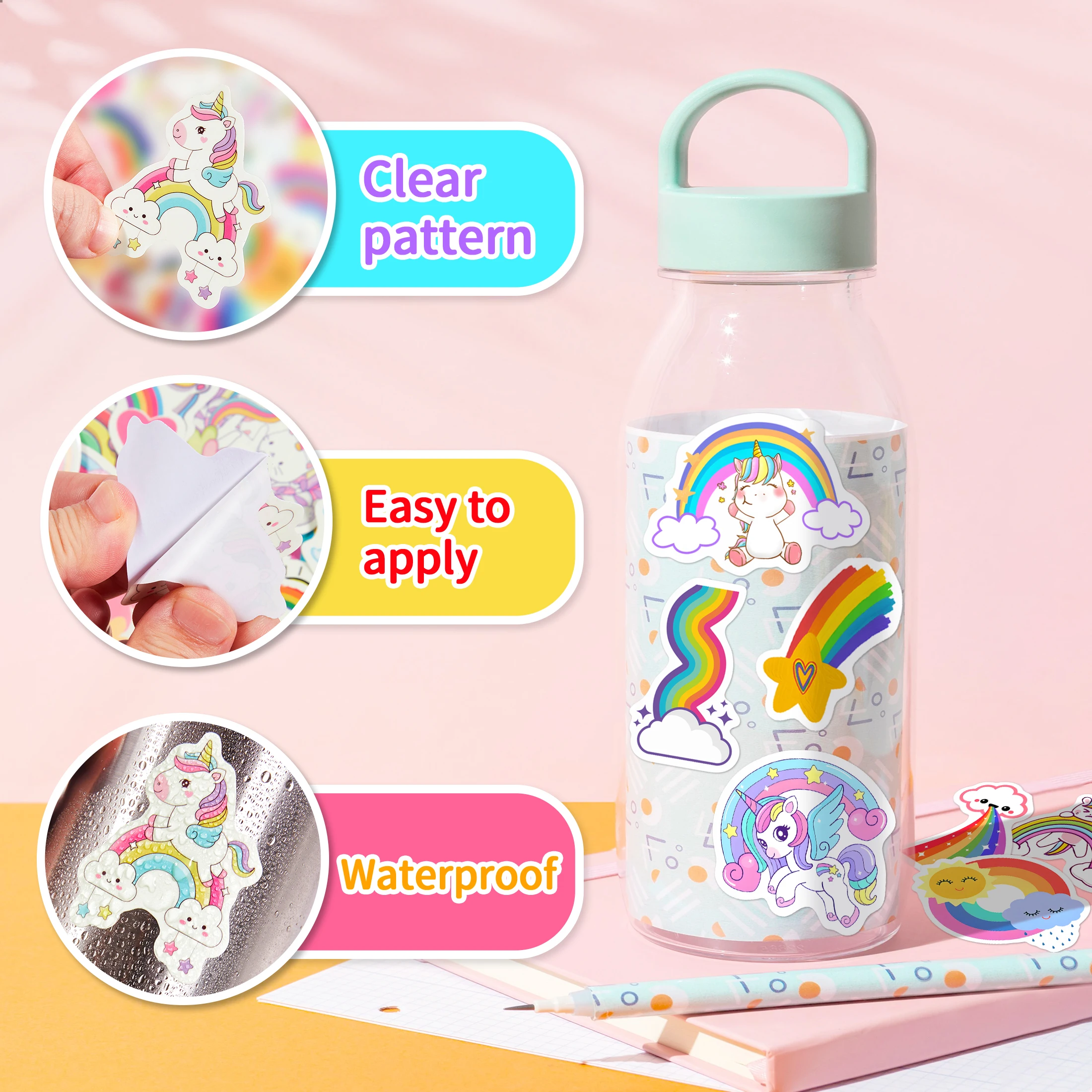 51 Pcs Cute Unicorn Rainbow Stickers for Kids Glow in The Dark, Waterproof Sticker for Water Bottle, Vinyl Laptop Decals