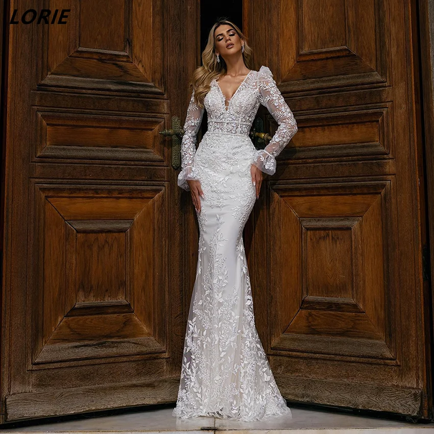 LORIE Sexy Bodycon Lace Mermaid Wedding Dresses Transparent Back Long Sleeves Boho Bridal Gowns Appliques V-Neck Bride Dress