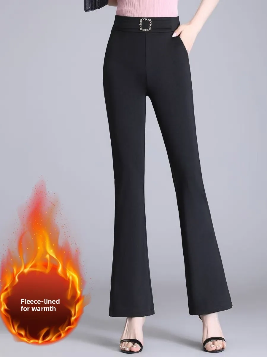 

plus Size Women's Fleece Lined Thickened Micro Flared Pants Elastic Waist Slimming Long Drapey Black Stretchy Suit Pants