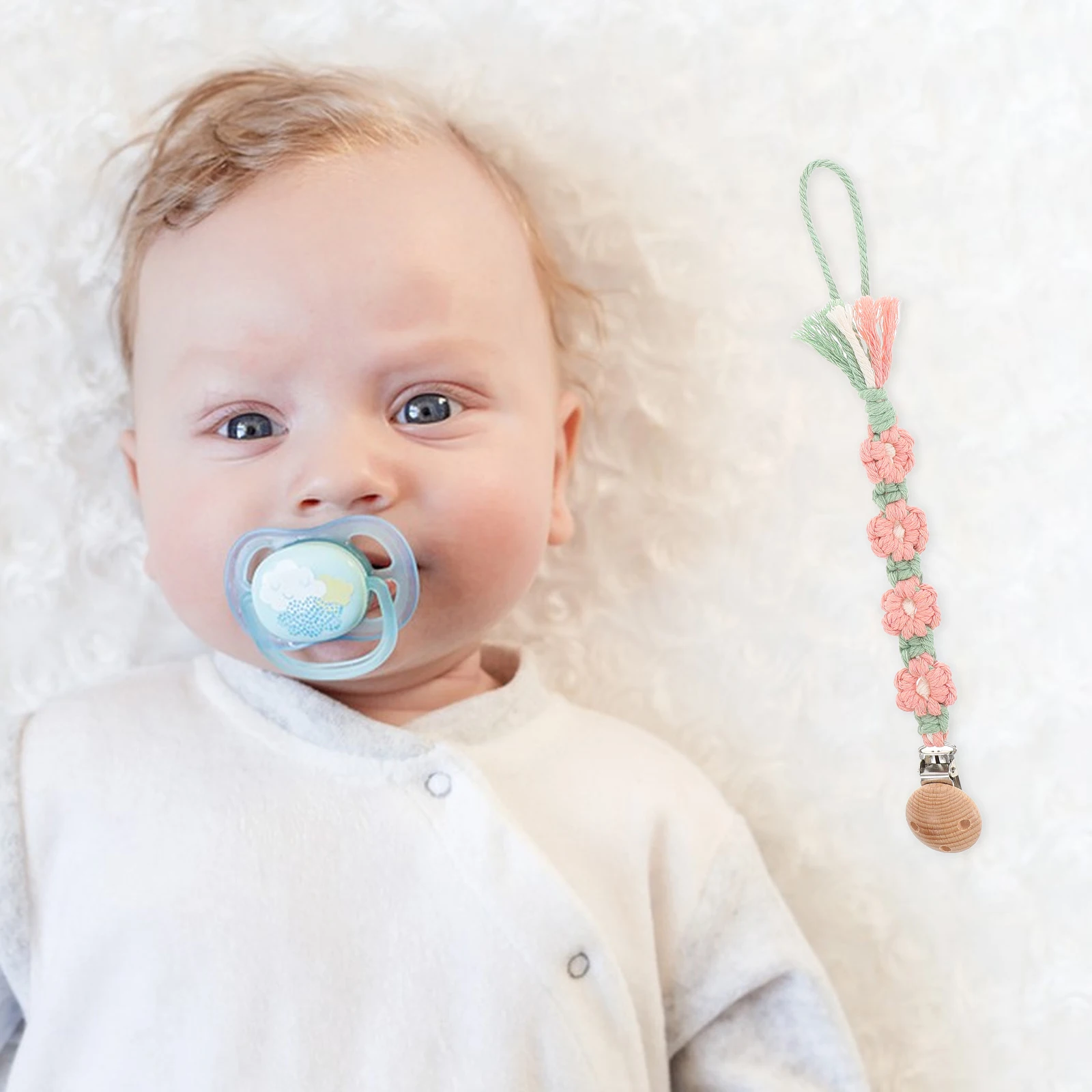 Baby Pacifier Clip Holder Handmade Cotton Rope Flower Design Anti-Loss For Newborn Toddlers Teething Safety Chain