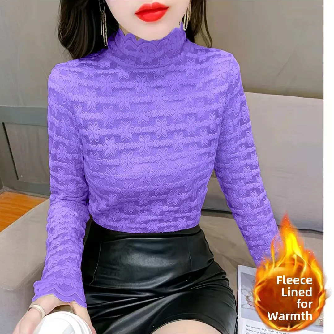 

Thickened Fleece Lined Long Sleeve Lace Insertion Half High Collar Women's Thermal Shirt Slim Fit Inner Wear for Autumn Winter