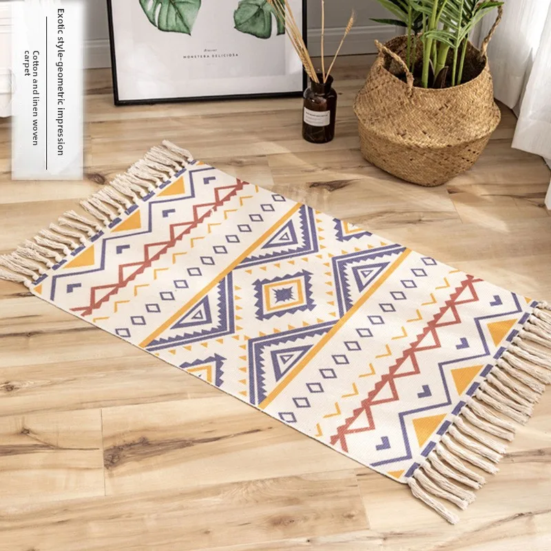 Hand Woven Cotton Linen Blend Floor Rug Cm Fringe Printed Bohemian Nordic Textile Mat In X Or Bedroom Bedside Living Room Decor
