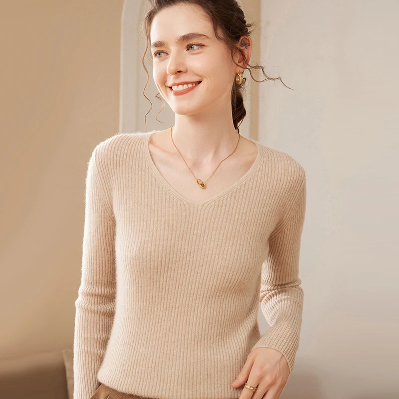 

Women High Elastic Pullover 100% Cashmere Sweater Winter New V-neck Sweaters Lady Warm Soft Basic Knit Jumper Solid Slim Tops
