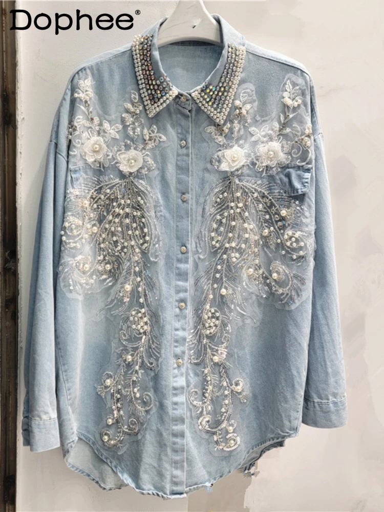 

European Goods Heavy Industry Beaded Sequined Lapel Denim Shirt 2024 Autumn New Loose Long-sleeved Casual Top Denim Jacket