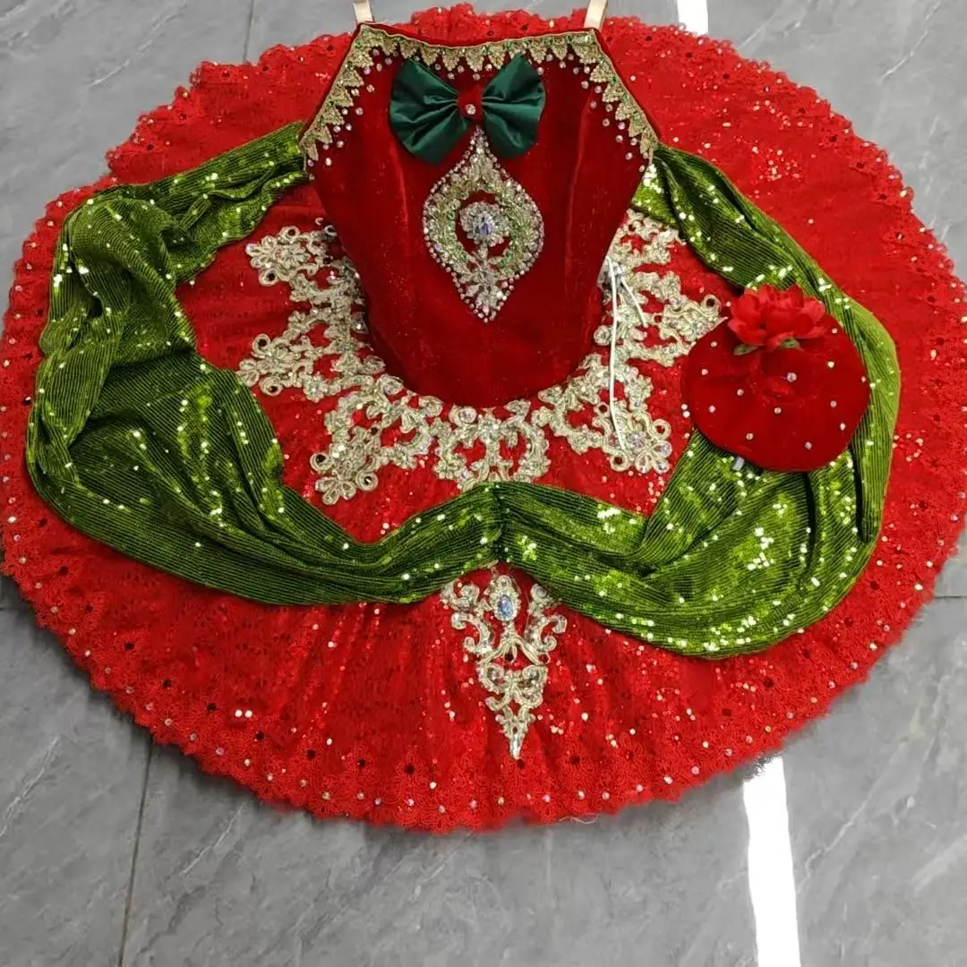 Womens Thin Strap Ballet Tutu Performance Dress Green Bow Rhinestone Diamond Applique Sequin Shawl Red Green Contrast Skirt With