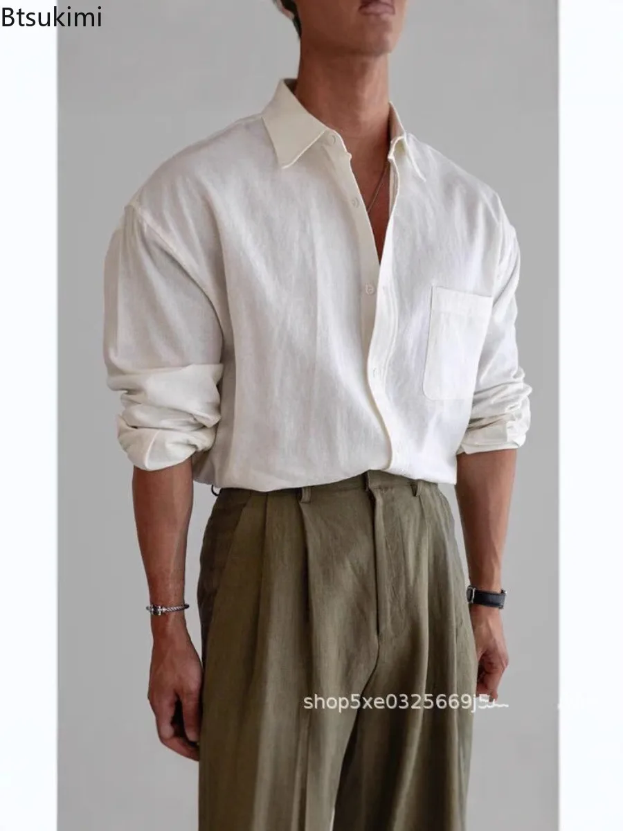 Classic White Shirt Spring Summer New Men's Loose Cotton Linen Breathable Long Sleeve Shirt High Grade V Neck Pocket Cargo Shirt