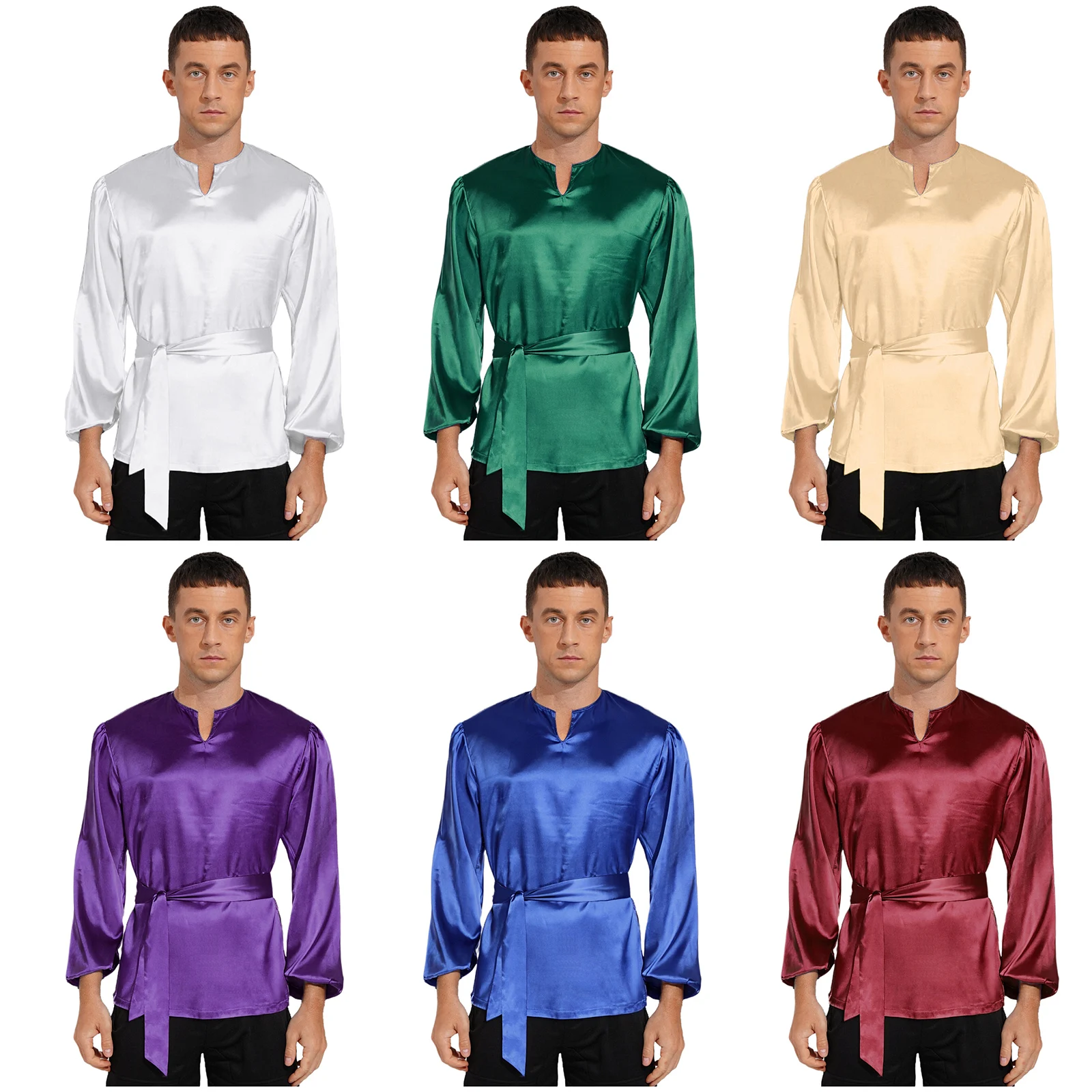 

Men Medieval Prince Costume Shirts Liturgical Praise Worship Dancewear with Belt Satiny Long Sleeve Pullover Loose Shirt Blouses