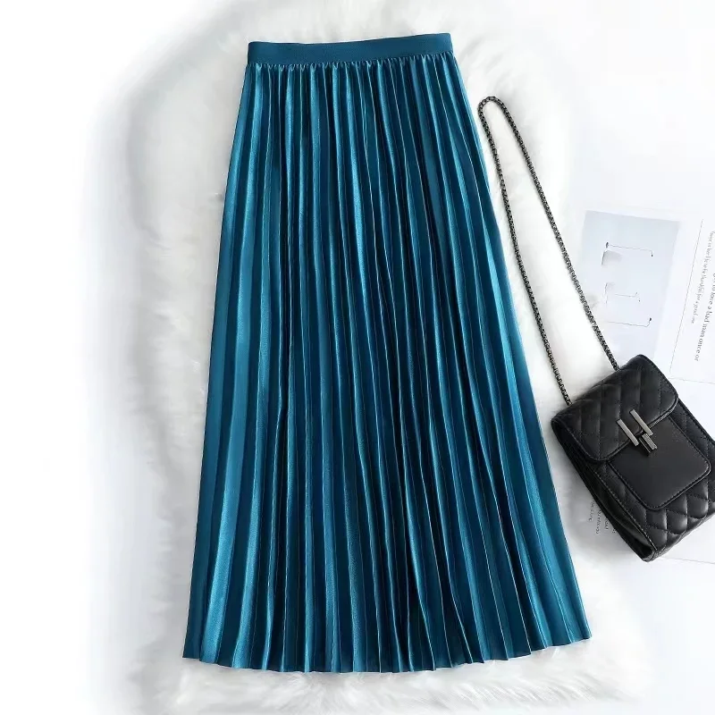 

Shiny Silk Satin Pleated Skirt Women Spring Summer Korean Fashion Elastic Waist A-Line All Match Party Midi Long Skirts M74