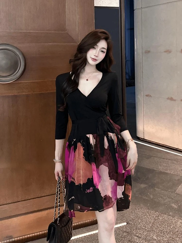 

SYJ Comfortable Floral Print Splice Dress Women's plus Size High Waist A-Line Short Skirt Casual Style Elegant Slimming