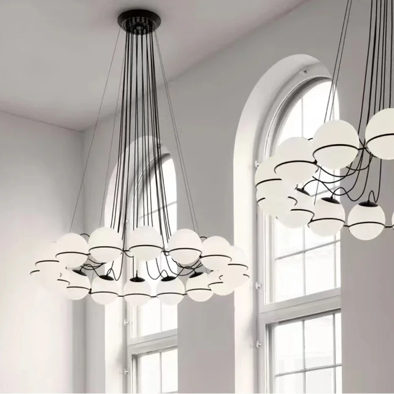 

Simple Modern Round Chandelier For Living Room Bedroom Nordic Villa Loft Stairwell Art Ring White Glass Ball Headlight